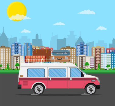 Retro seyahat van araba ile çanta çatı üzerinde.