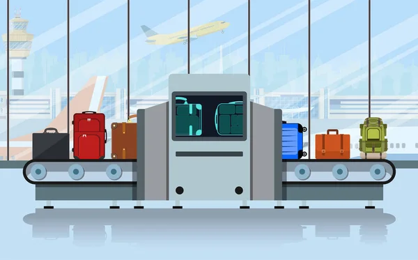 Cinta transportadora del aeropuerto con equipaje de pasajeros — Vector de stock