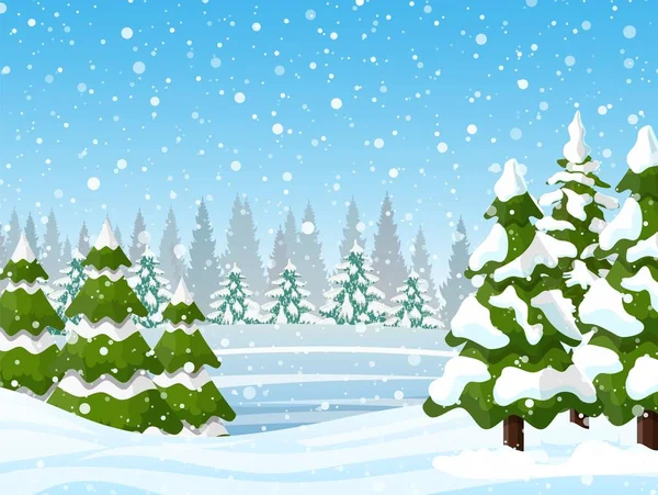 Weihnachten Landschaft Hintergrund mit Schnee und Baum — Stockvektor