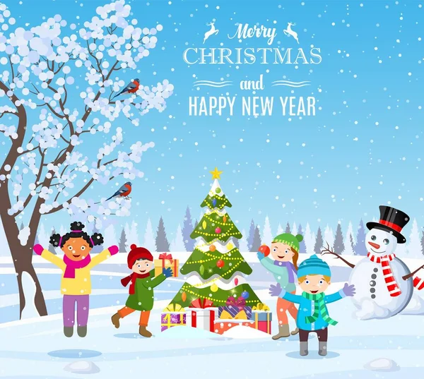 Niños decorando un árbol de Navidad — Vector de stock