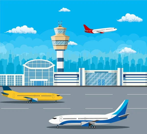 Edificio del aeropuerto y aviones — Vector de stock