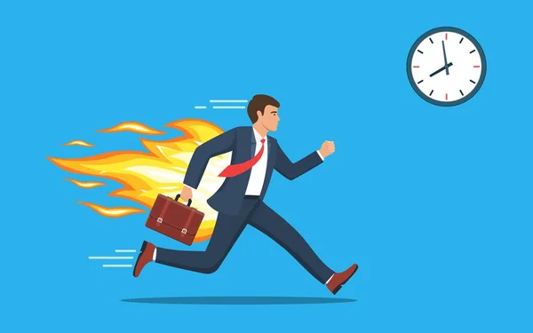 Carácter de trabajador de oficina corriendo con la espalda en llamas . — Vector de stock
