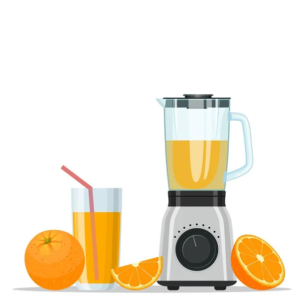 Presse-jus de fruits ou appareil de cuisine mélangeur. Jus d'orange dans un verre et fruits — Image vectorielle