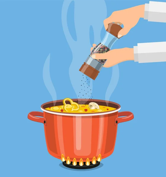 Μάγειρας σεφ με μύλο πιπεριού και κατσαρόλα που βράζει — Διανυσματικό Αρχείο