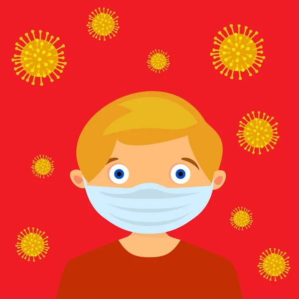 Cara de niño en máscara de protección respiratoria — Vector de stock