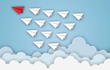 Paper airplanes flying from clouds on blue sky