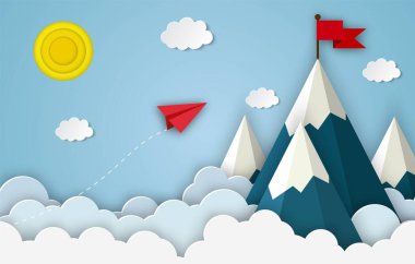 Paper airplanes flying to the top of mountains.