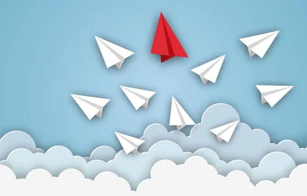 Paper airplanes flying from clouds on blue sky — Stockvektor