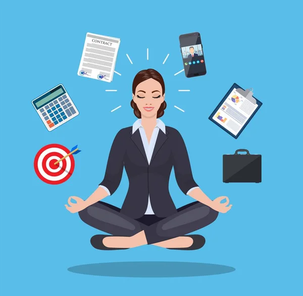 Üzletasszony meditáció, időgazdálkodás, — Stock Vector