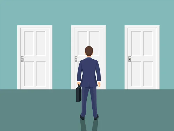 Επιχειρηματίας στέκεται μπροστά κλειστές πόρτες. — Διανυσματικό Αρχείο