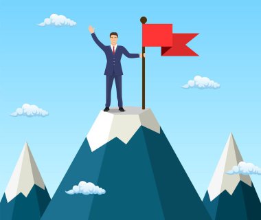 Dağın zirvesinde bayrak tutan bir iş adamı,