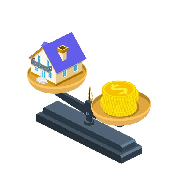Casa isométrica e moedas de ouro em balanças de peso. Imobiliário, preço, finanças e conceito de casa —  Vetores de Stock