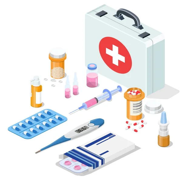 Isometric 3D first aid kit. — Stock Vector