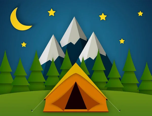 Летний лагерь. Пейзаж с желтой палаткой , — стоковый вектор