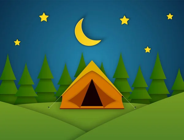 Campamento de verano. Paisaje con tienda amarilla , — Vector de stock