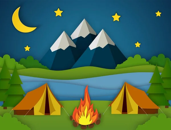 Campamento de verano. Paisaje con tienda amarilla , — Vector de stock