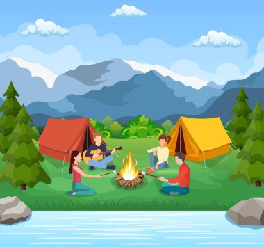 Bir grup genç kamp ateşi etrafında oturuyor.