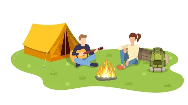 Group of young people are sitting around campfire — Stock Vector