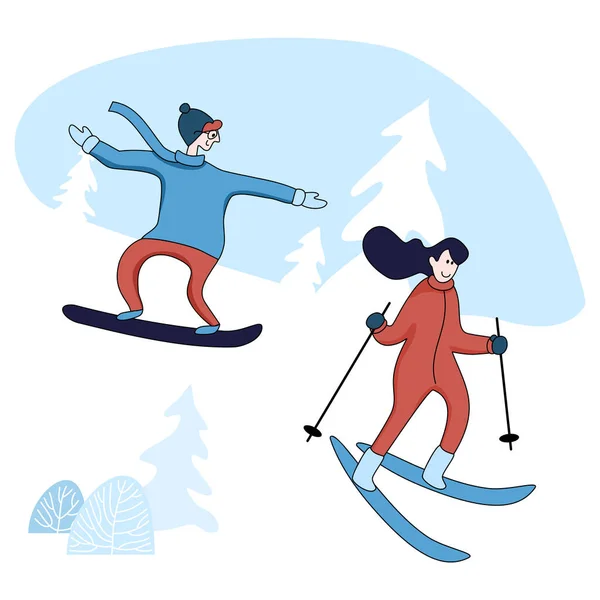 Un homme et une femme montent sur une pente dans une station de ski . — Image vectorielle