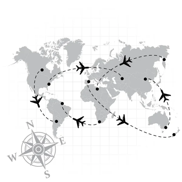 Mappa del mondo con aerei — Vettoriale Stock