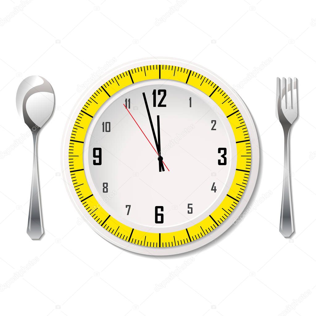 Silhouette of fork, spoon and plate with clock