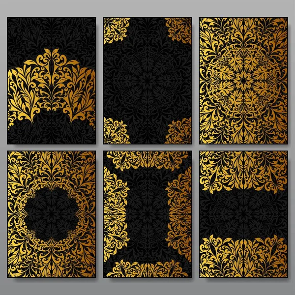 Oro retro y negro boho patrones florales fondo — Vector de stock