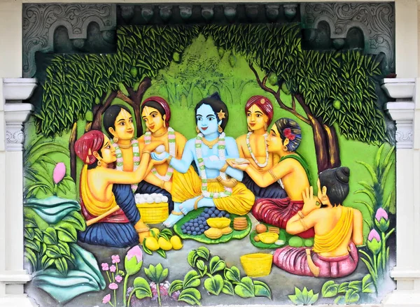 Uitzicht Muur Kunst Van Krishna Eten Boter Bal Een Tempel — Stockfoto