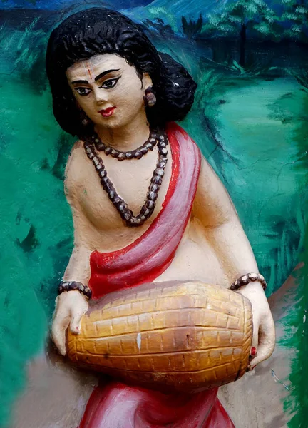 Closeup Indiano Hindu Templo Parede Arte Músico Tocando Bateria — Fotografia de Stock
