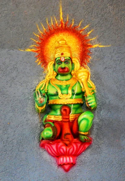 Closeup Wall Art Hindu God Hanuman Blessing Pose Temple — Stock Photo, Image