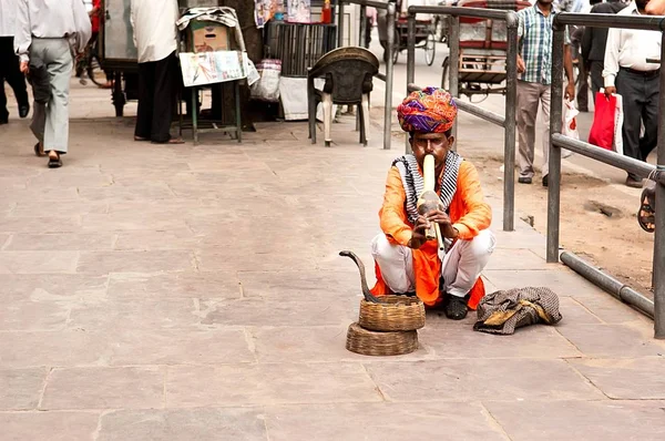 Jaipur, Indien - 29 juli 2011:: En ormtjusare spelar flöjt för cobra sitter på gatan nära fortet Amber den 29 juli 2011 i Jaipur, India — Stockfoto