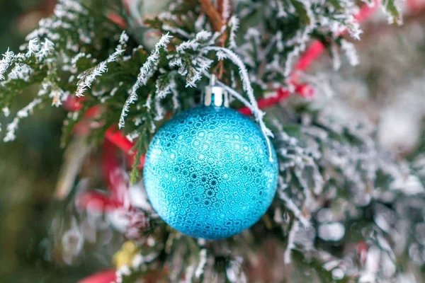 Bola azul de Navidad en una rama de árbol cubierta de nieve — Foto de Stock