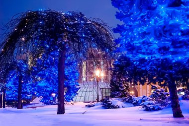 Çelenklerle süslenmiş Noel ağacı