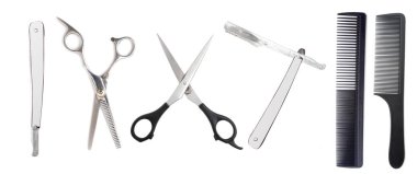 Beyaz arkaplanda makas ve ustura ile tarak