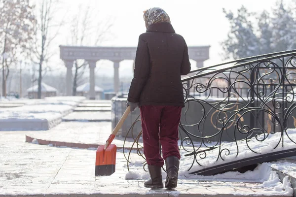 Mujer trabajadora limpia la pala de nieve en la naturaleza — Foto de Stock