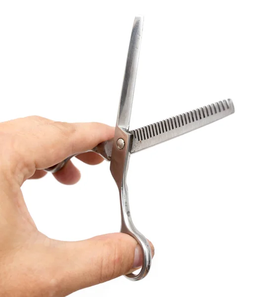 Thinning scissors in hand on white background — Stock Photo, Image