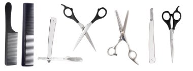 Beyaz arkaplanda makas ve ustura ile tarak