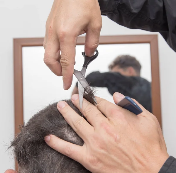 Hairdresser cuts mens hair cut — Stock Photo, Image