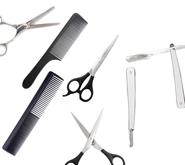 Kamm mit Schere und Rasiermesser auf weißem Hintergrund — Stockfoto