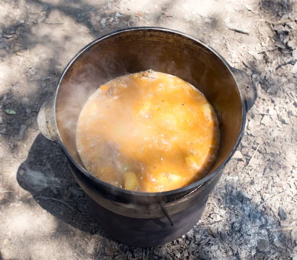 自然の上で大鍋で調理 — ストック写真