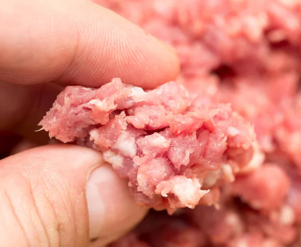 Minced meat in his hand. macro — Stock Photo, Image