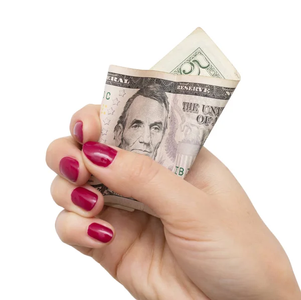 Dollar i räcka av flickan på en vit bakgrund — Stockfoto