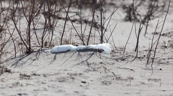 塑料瓶在沙上对自然。垃圾 — 图库照片
