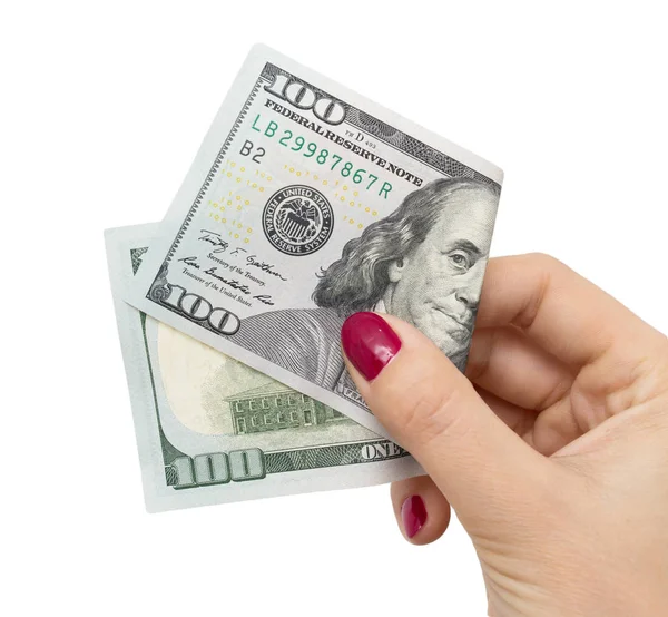 Dolarů v rukou dívky na bílém pozadí — Stock fotografie