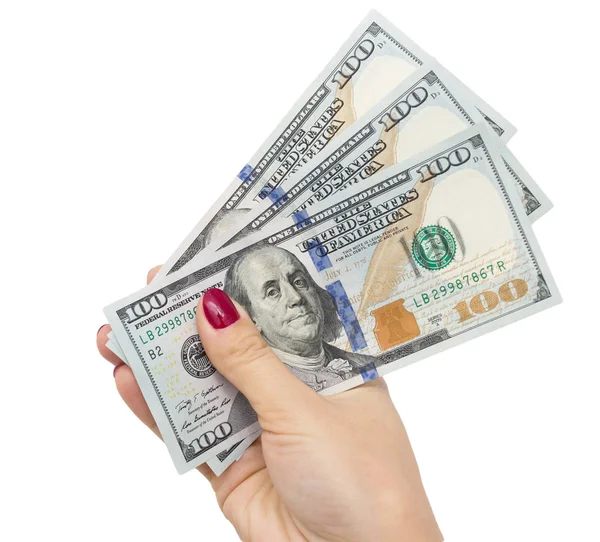 Dólares na mão da menina em um fundo branco — Fotografia de Stock