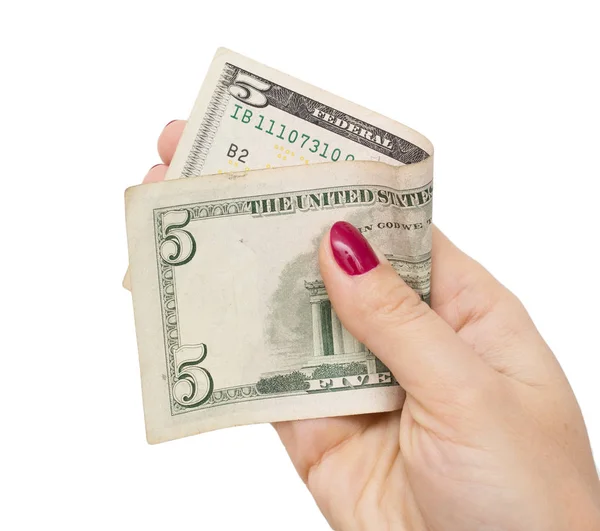 Dollars in the hand of the girl on a white background — Stock Photo, Image