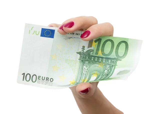 Cien euros en las niñas de la mano sobre fondo blanco —  Fotos de Stock