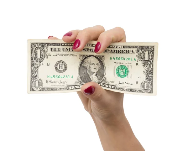 Jeden dolar v rukou dívky na bílém pozadí — Stock fotografie