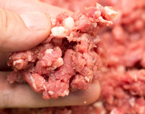 Mięso mielone w ręku. makro — Zdjęcie stockowe