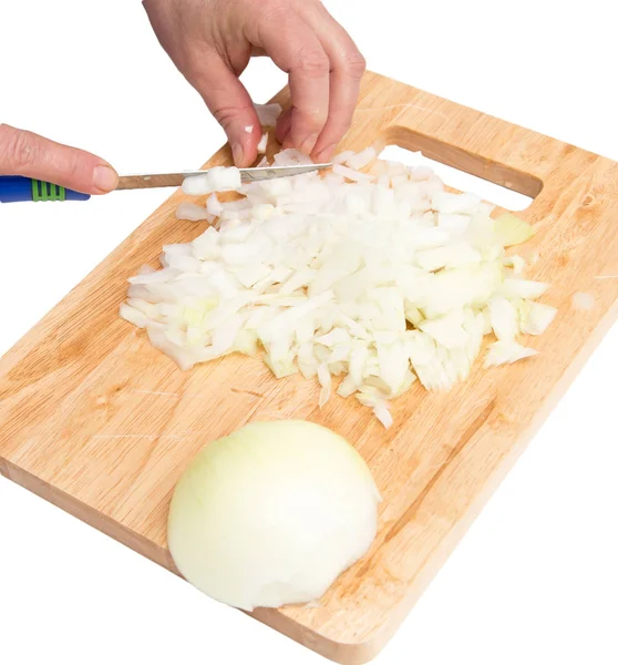 Zwiebel auf einem Brett auf weißem Hintergrund kochen — Stockfoto