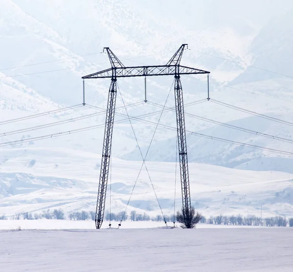 Elektrische paal in de sneeuw in de winter — Stockfoto